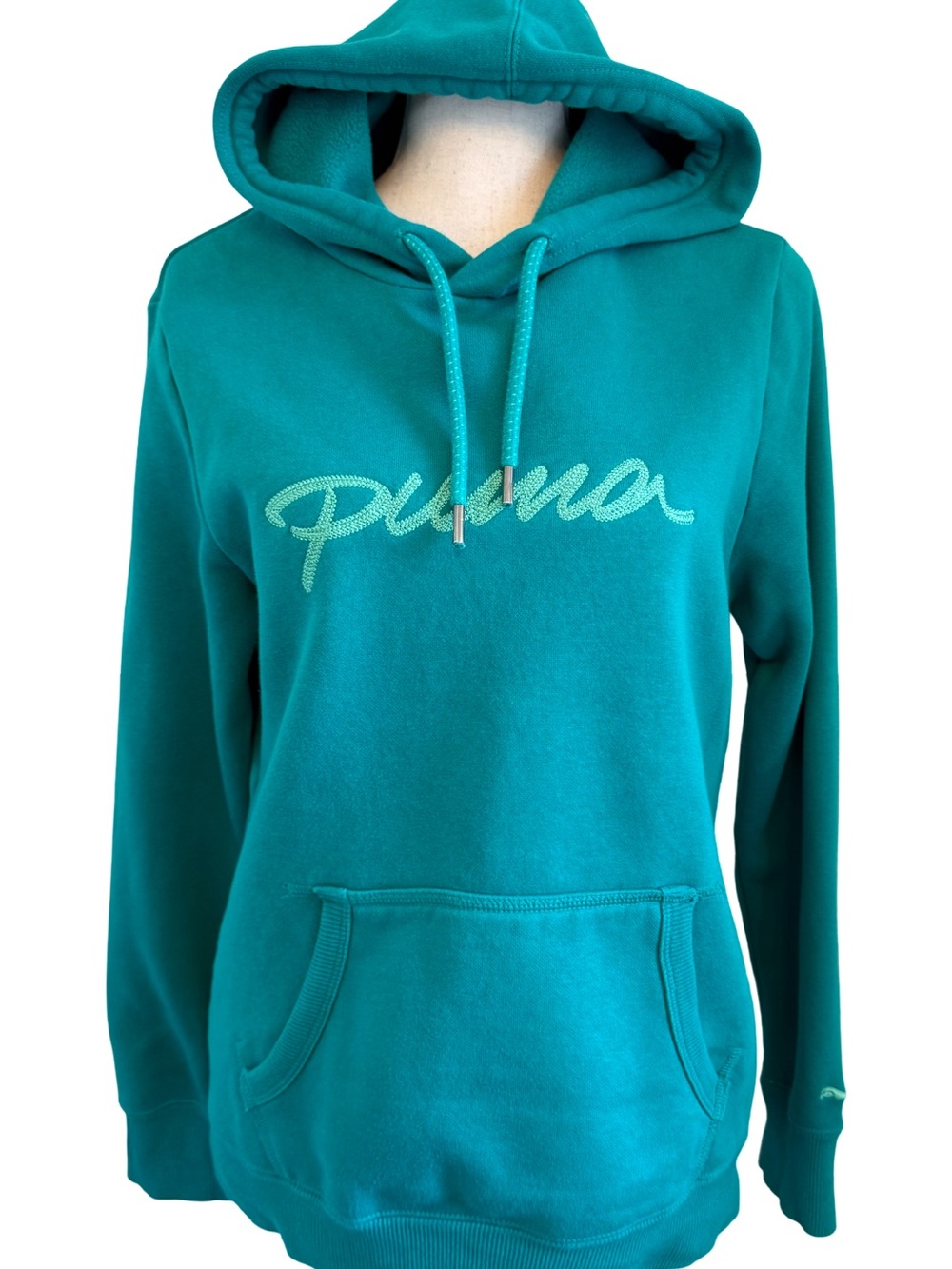 Puma Womenโs Medium Teal Pullover Hoodie Embroidered Logo Sweatshirt 20x25